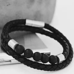 By Billgren Läderarmband, dubbel/beads, svart/charcoal – 8193