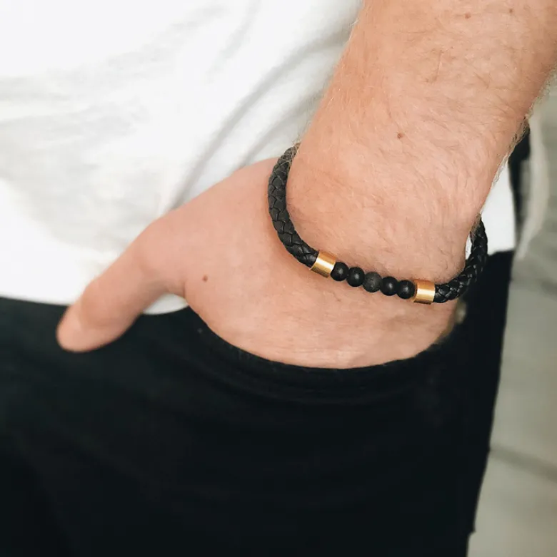By Billgren Läderarmband/beads, Svart/Guld – 8186